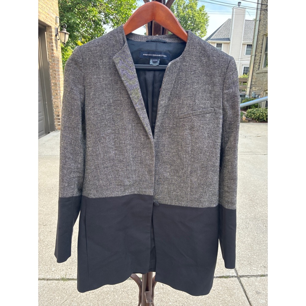French Connection Grey Herringbone Colorblock Collarless Blazer Jacket‎ Size 2